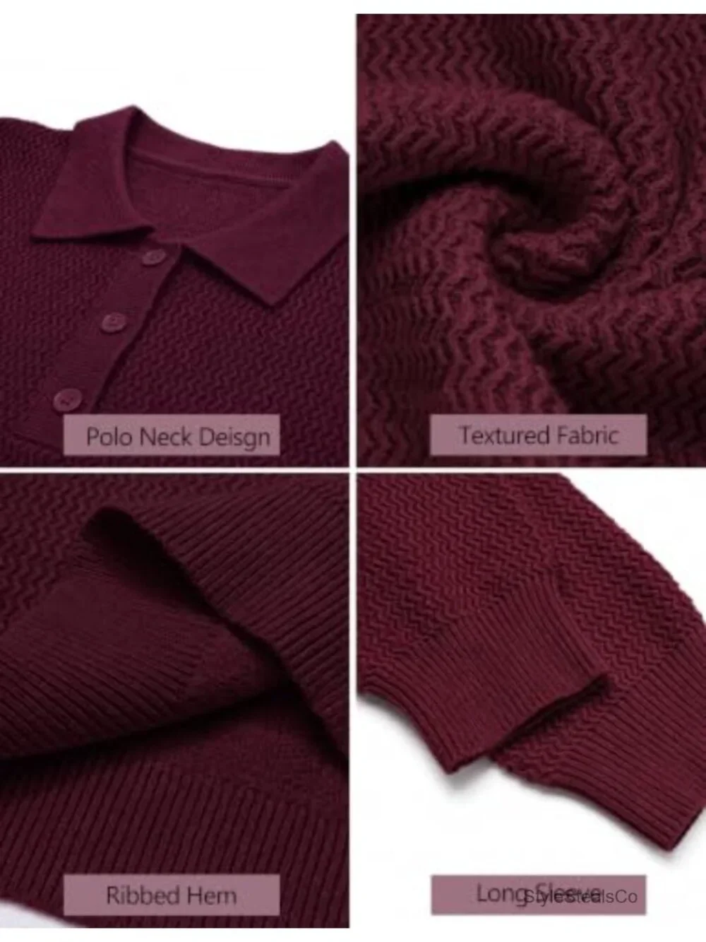 Men's Cable Knit Polo Sweater Long Sleeve Button V-Neck Pullover Soft Stretch